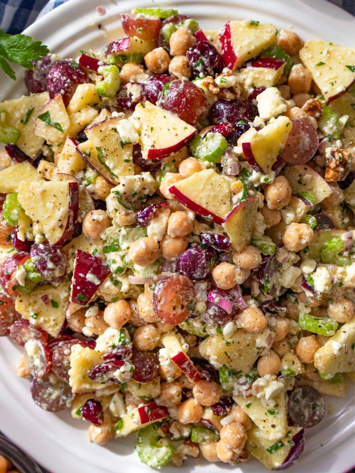 Top down view of colorful chickpea cranberry salad with apples grapes and feta.