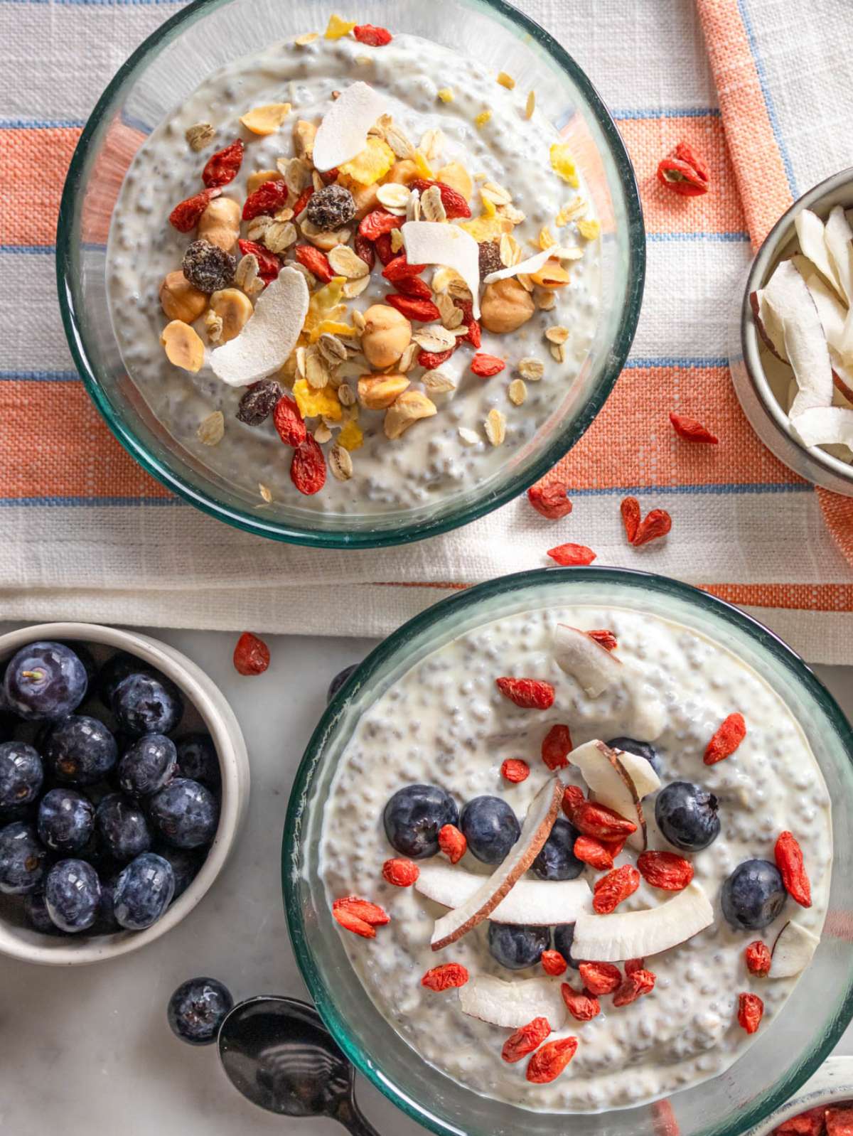 Top down view of two bowls of Greek yogurt chia pudding with blueberries, granola, and coconut flakes on top.