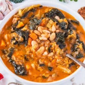 Warm Mediterranean cabbage bean stew with cabbage and beans ready to serve for dinner.