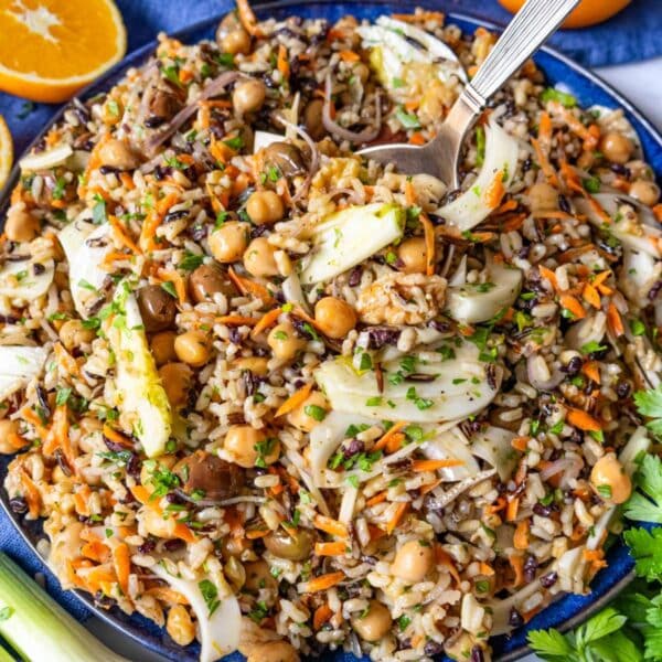 Feature image close up of wild rice salad perfect for healthy meal prep lunches.
