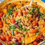 Feature image hearty Mediterranean orzo and beans in pot looking cozy and rustic.