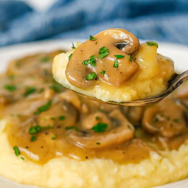 Feature image of mushroom sauce topping a spoonful of mashed potatoes.