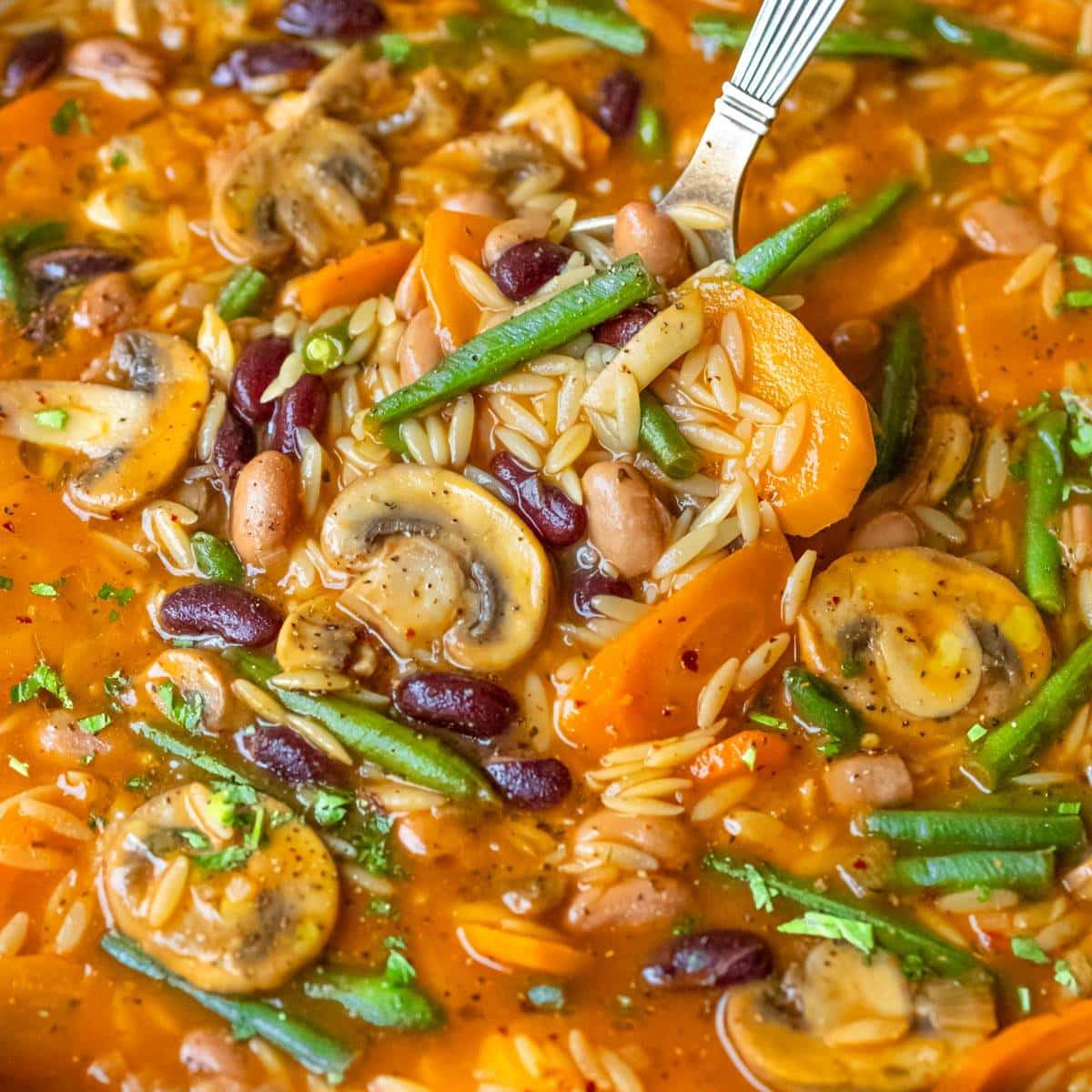 Feature image vibrant three bean orzo soup healthy Mediterranean one pot dinner.