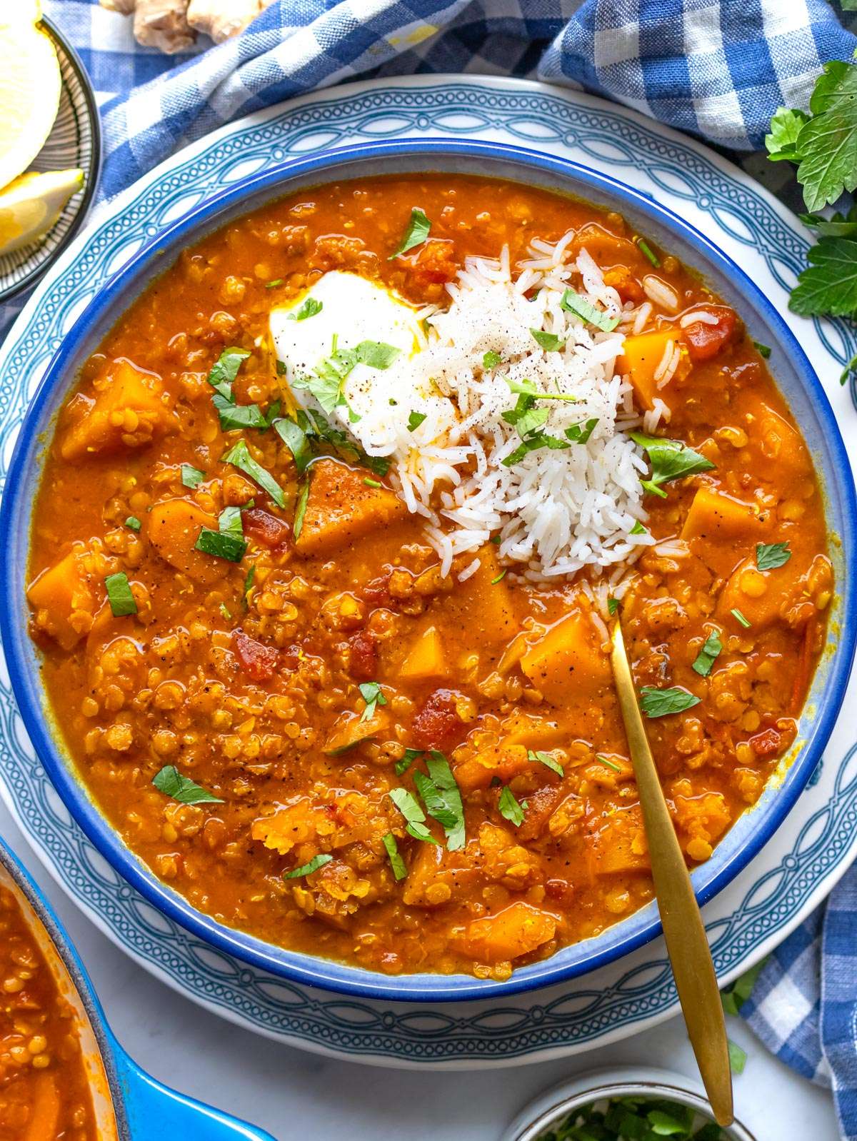 Finished curried red lentil soup top down in bowl with lemon yogurt rice and herbs.