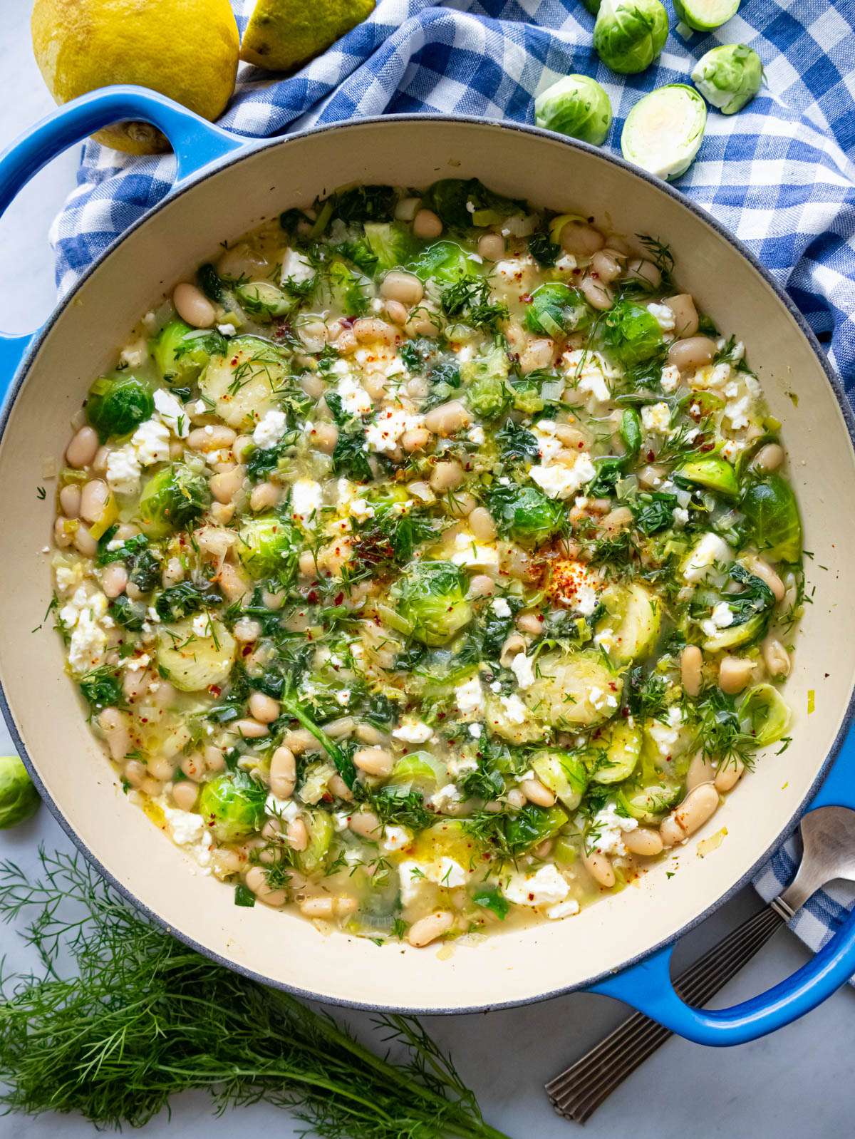 Finished dish top down in skillet with spinach Brussels sprouts and white beans.