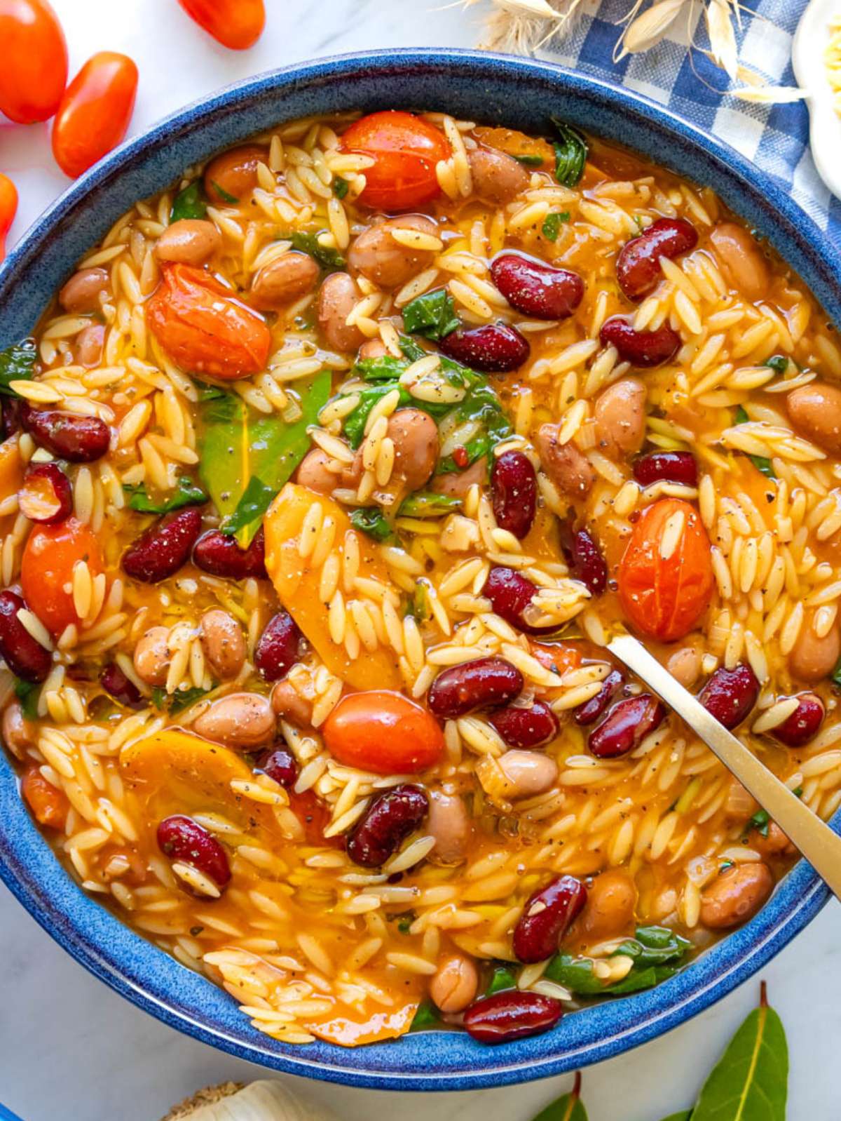 Finished orzo and beans top down served in a bowl for easy Mediterranean one pot dinner.