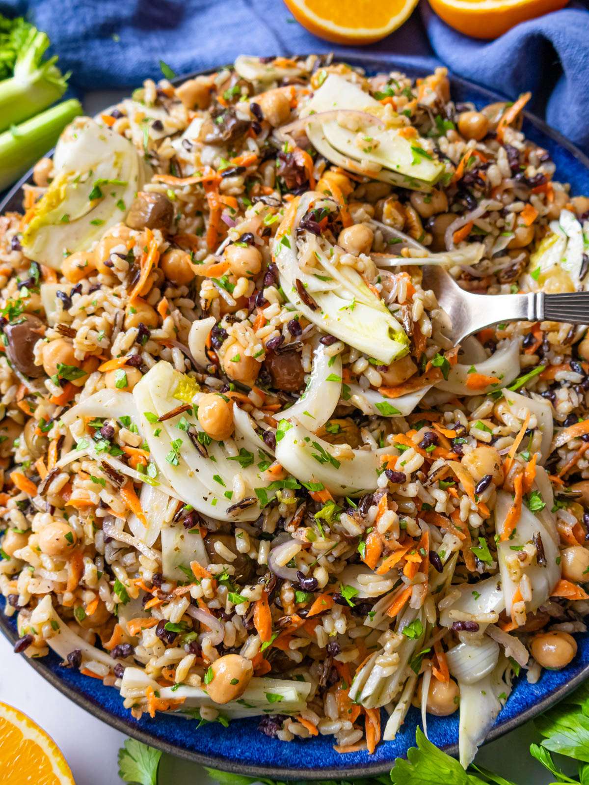 Finished salad close up wild rice salad with fennel carrots and chickpeas.