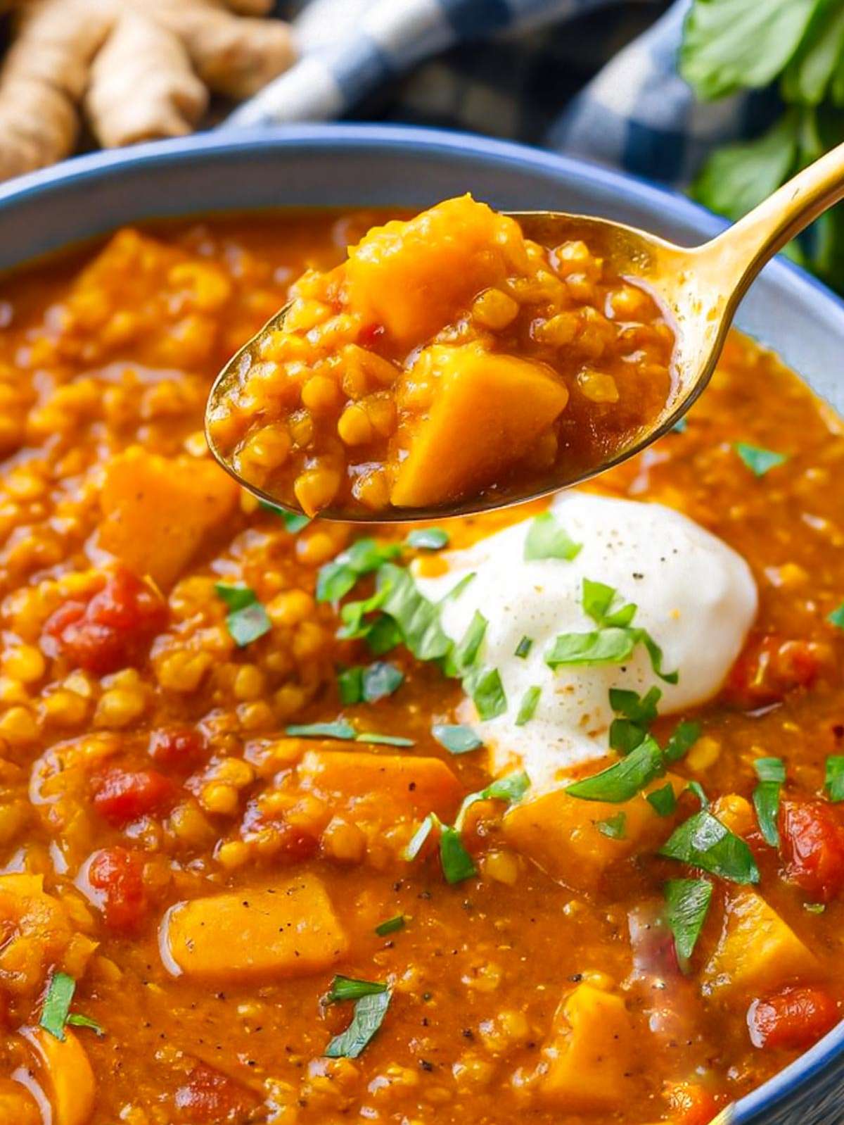 Finished soup close up showing a spoonful of creamy curried red lentil soup with butternut squash.