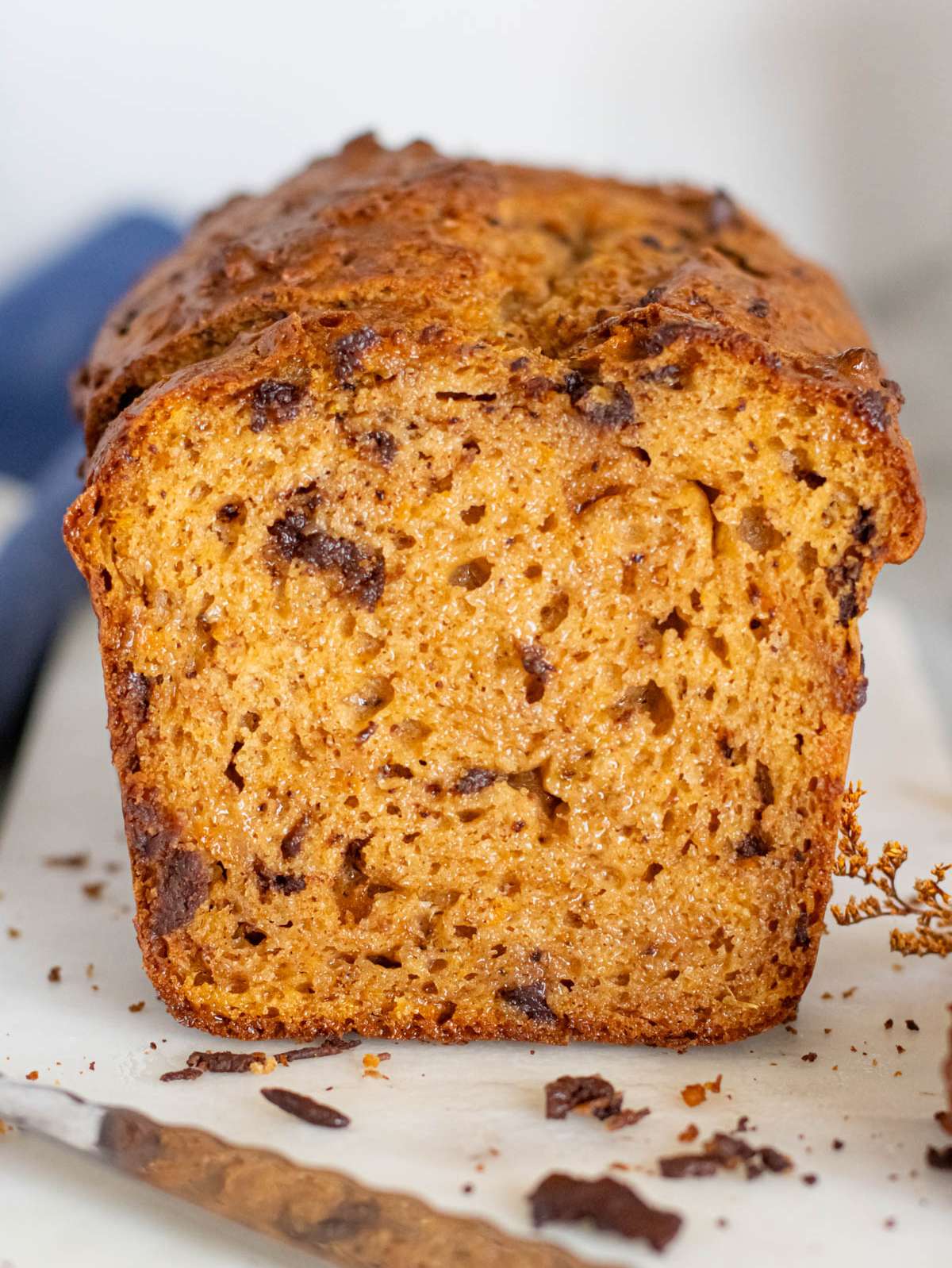 Front view of sliced sweet potato bread with chocolate chips and warm fall colors.