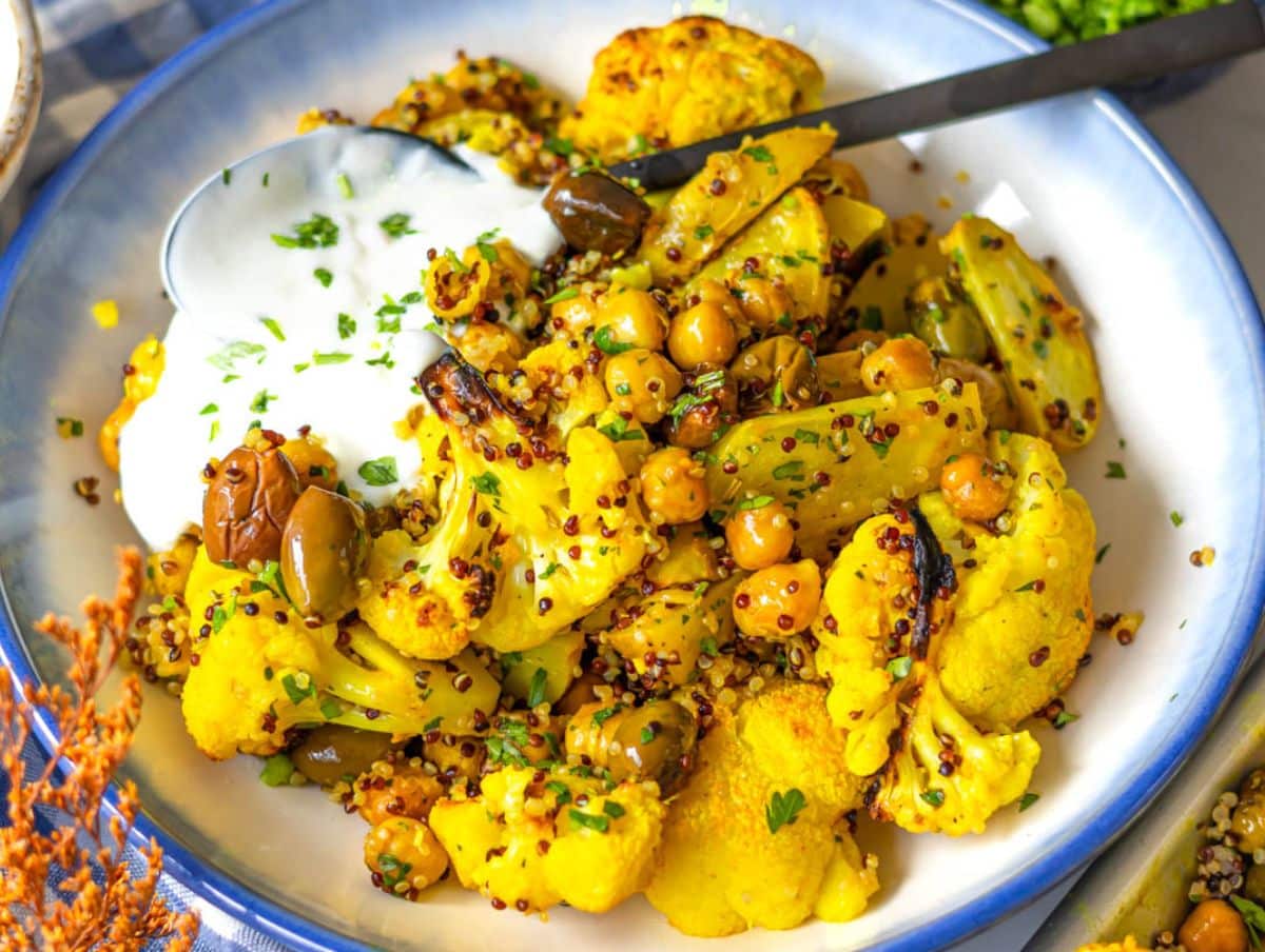 Vegetable dinner with golden roasted cauliflower.