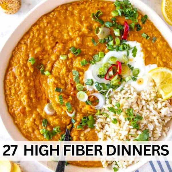 High fiber dinner ideas with a creamy lentil curry and rice.
