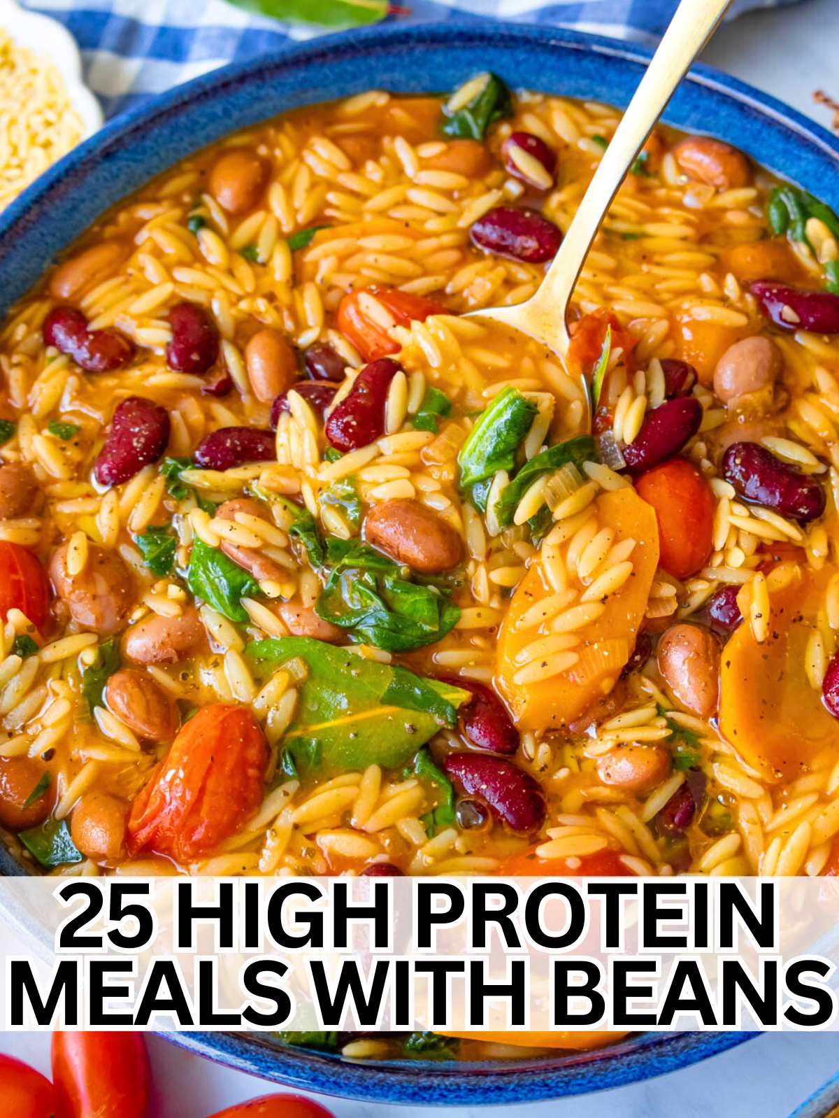 High protein dinners with beans two beans and orzo in a blue bowl.