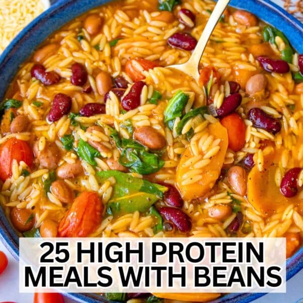 High protein meal ideas with beans beans and orzo in a bowl.
