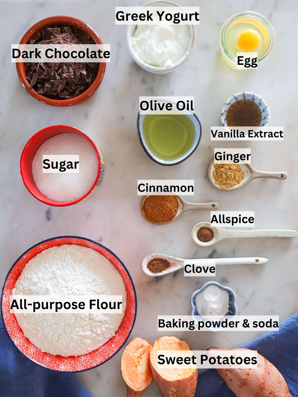 Ingredients for sweet potato bread with Greek yogurt olive oil spices and dark chocolate.