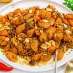 Mediterranean carrot salad close-up with roasted carrots lentils and lemon dressing