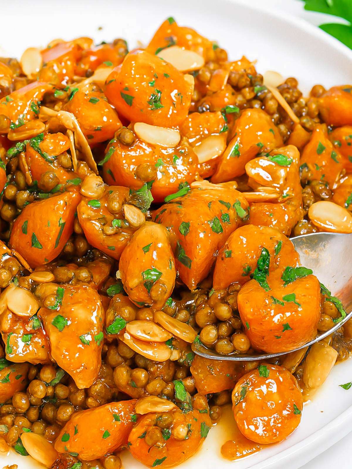 Mediterranean carrot salad on platter with nuts herbs and bright colors.