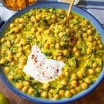 One pot turmeric rice with chickpeas and spinach easy Mediterranean dinner ready in 30 minutes.