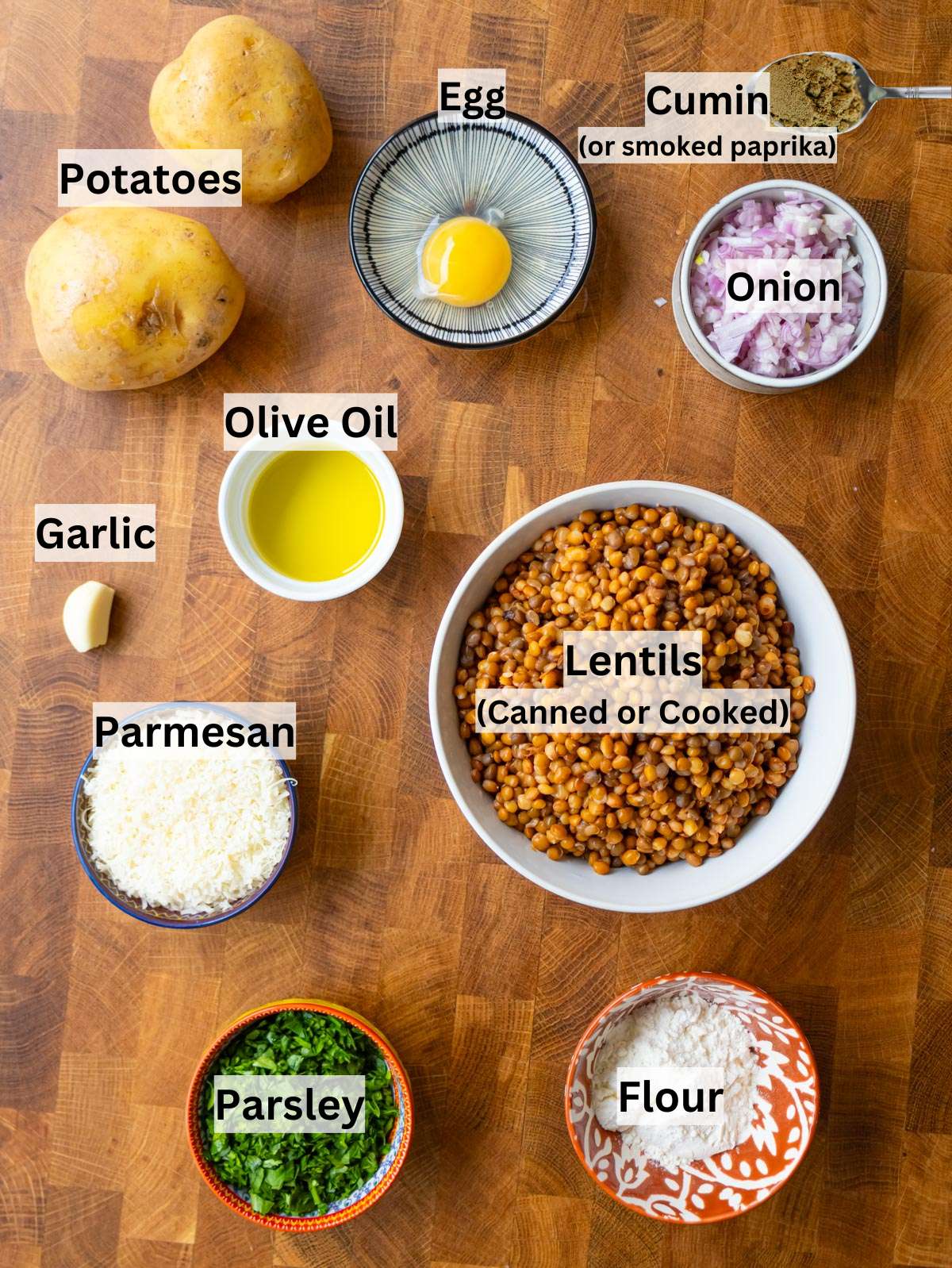 Simple ingredients for lentil potato patties including lentils, potato, flour, parmesan, egg, and herbs.