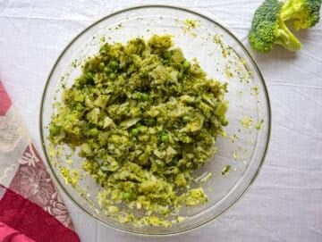 Step 1 Finely chopped broccoli and peas in a bowl after microwaving.