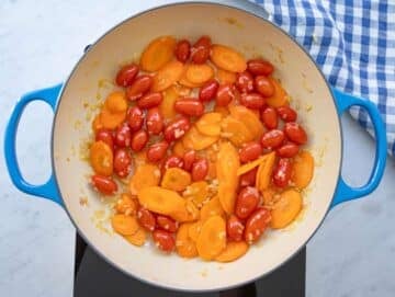 Step 1 sautéing onion carrot and tomatoes until soft for flavorful base.