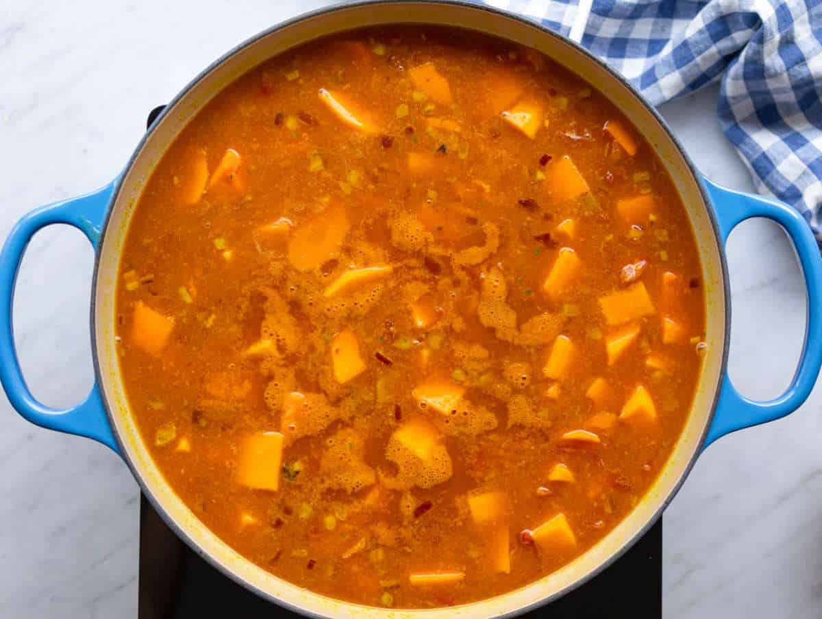Step 2 Adding tomatoes broth lentils and squash to pot for simmering.