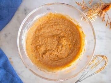 Step 2 Mixing Greek yogurt olive oil spices egg and sugar into mashed sweet potato mixture.