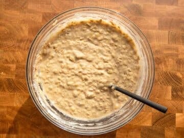 Step 2 Rolled oats flour baking powder and baking soda mixed into the wet ingredients.