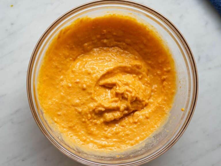 Step 2 Smooth wet ingredients mixed together for healthy sweet potato oatmeal muffins.