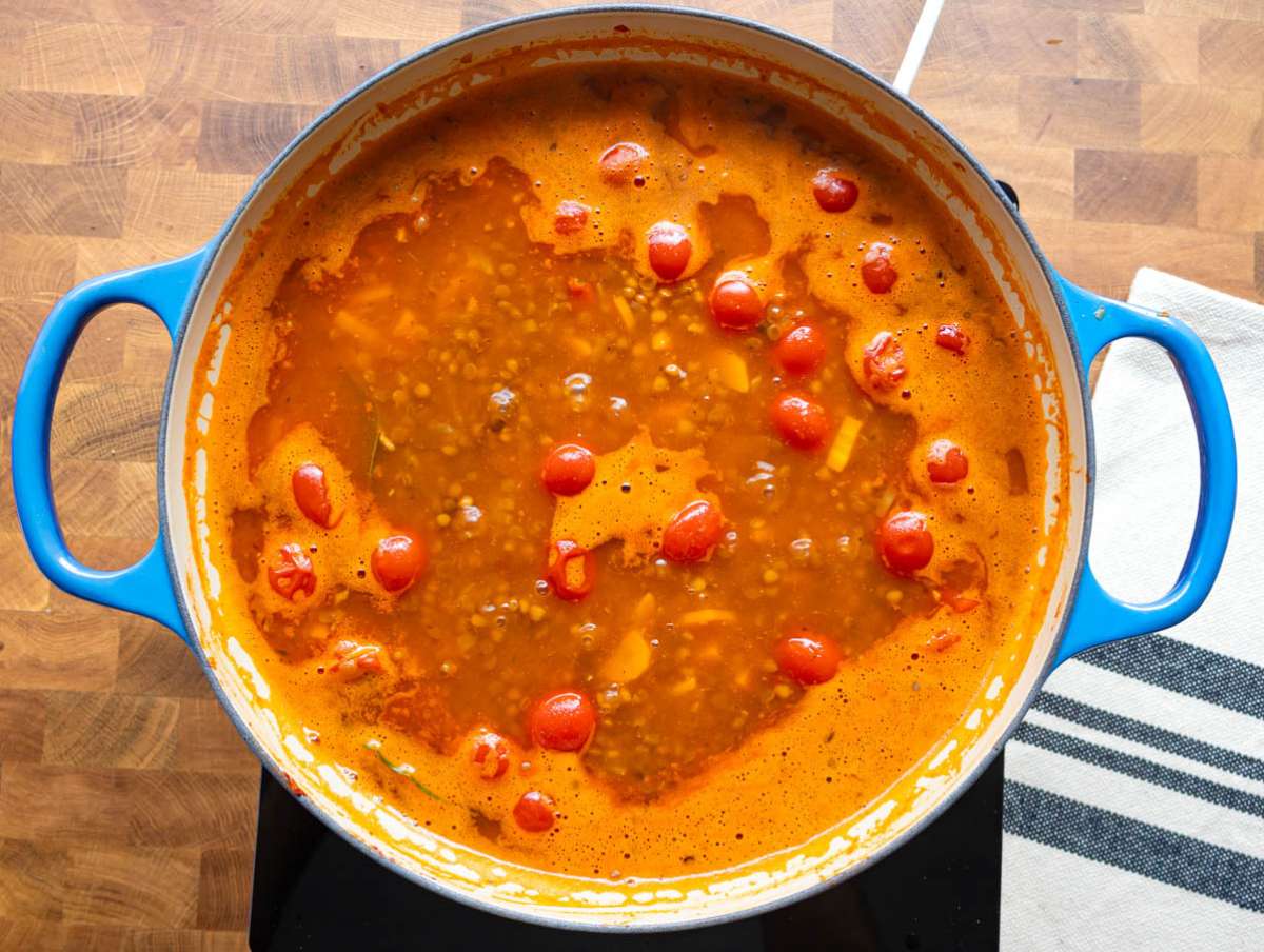Step 3 Adding lentils and broth to simmer the Mediterranean lentil and orzo mix.