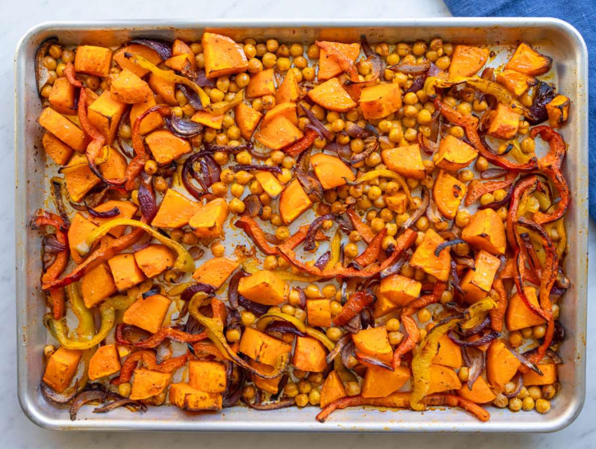 Step 3 Step roast sweet potatoes and veggies until tender on large sheet pan.