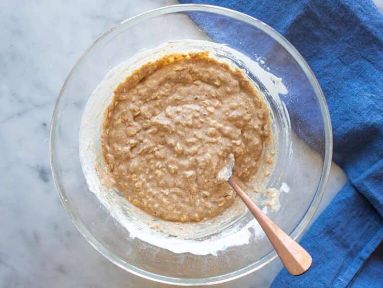 Step 3 wet and dry ingredients mixed for easy carrot muffin batter.