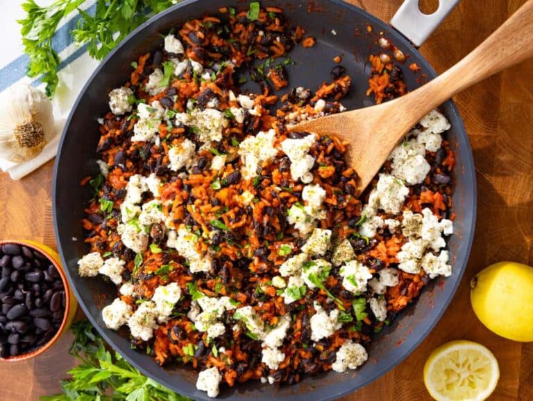 Step 4 Finished skillet topped with marinated feta and parsley ready to serve.