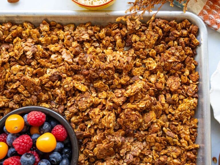 Step 4 Granola cooling on sheet pan to crisp up before storing for a healthy breakfast.