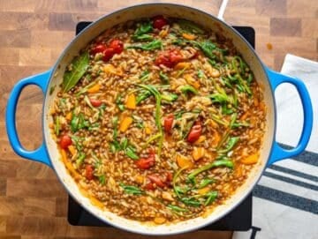 Step 5 Adding spinach to the pot to finish the creamy lentil and orzo recipe.