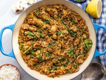 Step 5 Spinach wilting into Mediterranean mushroom rice stir fry.