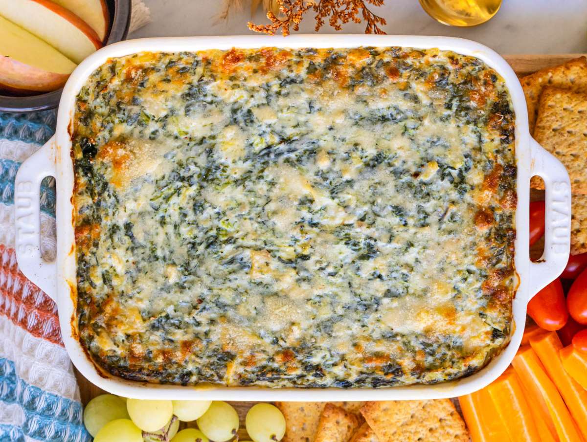 Step four baked spinach artichoke dip warm golden and ready to serve.