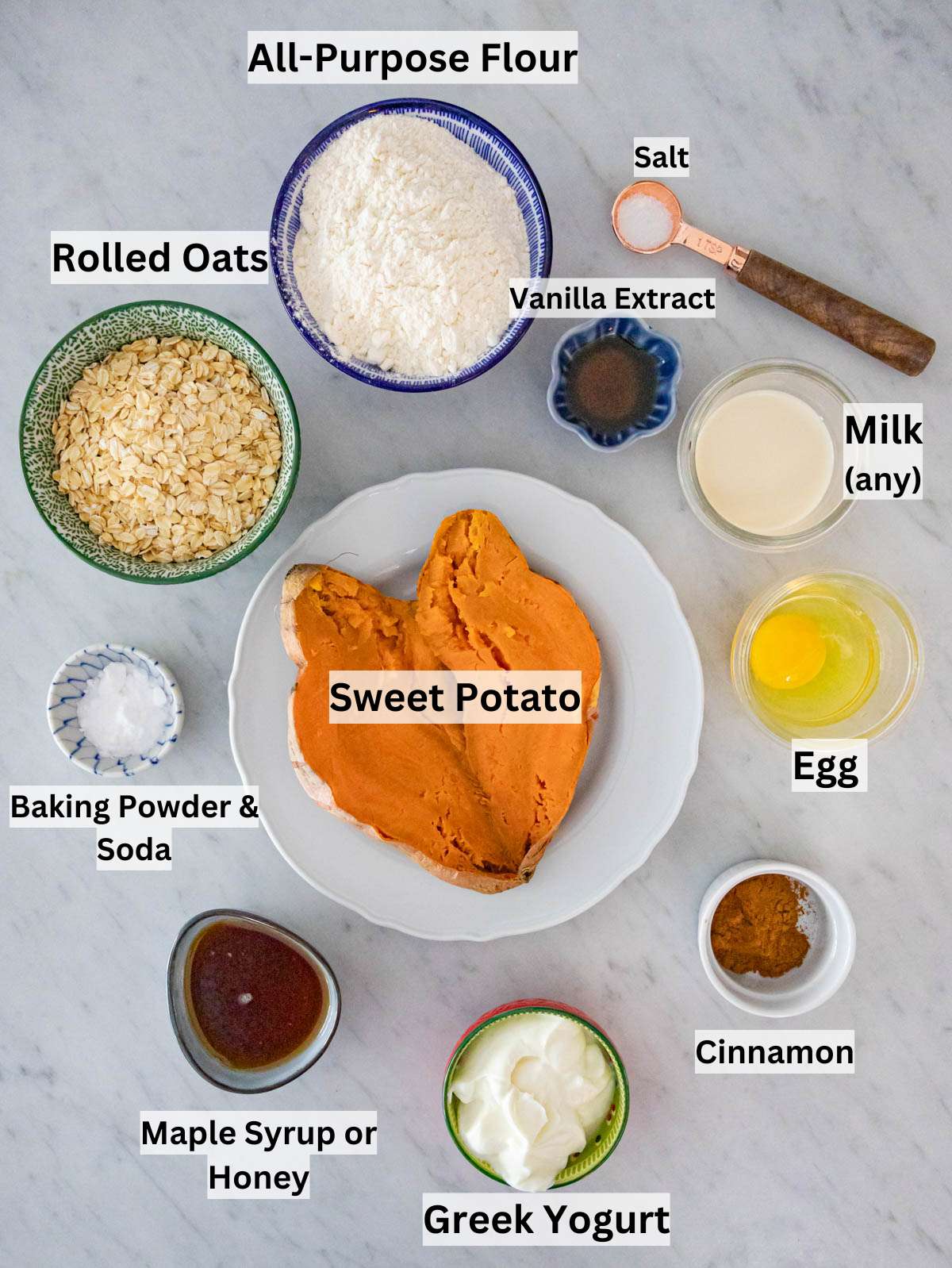 Sweet potato oatmeal muffin ingredients displayed neatly for easy meal prep baking.