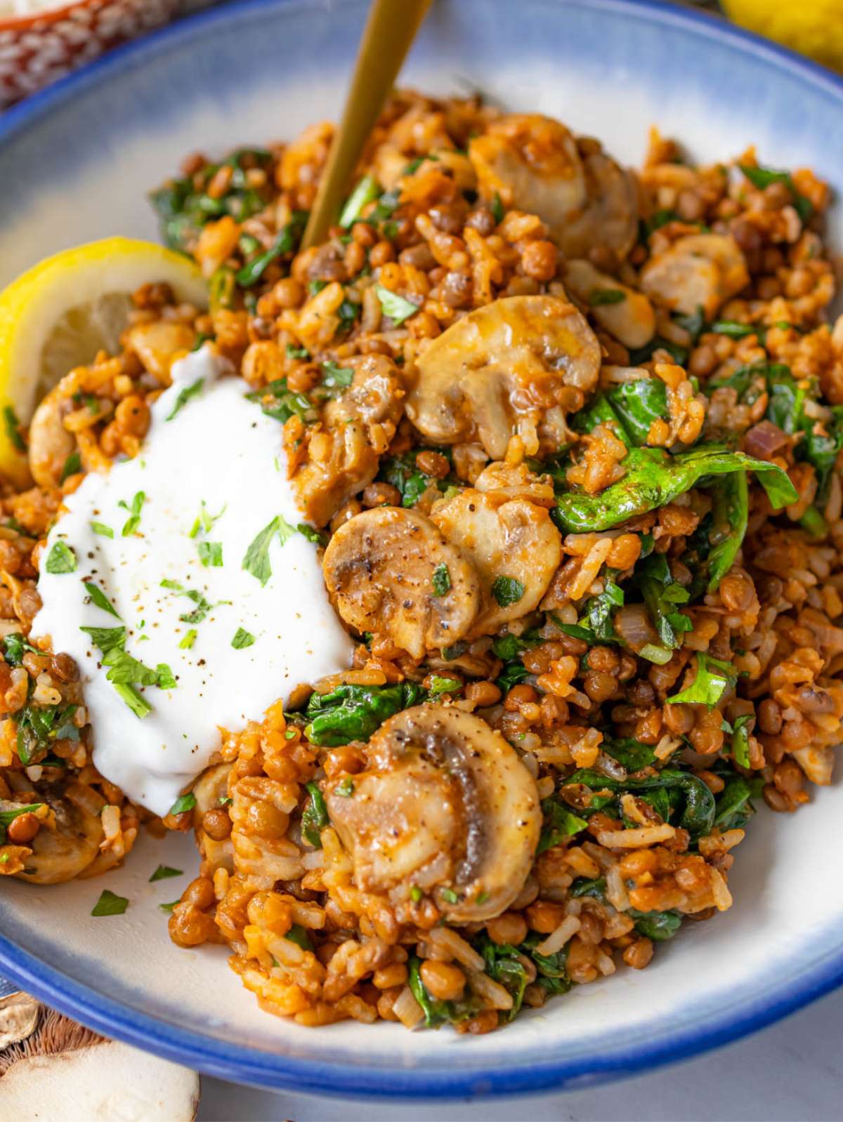 Vibrant mushroom lentil and rice stir fry with spinach in a bowl with Greek yogurt.