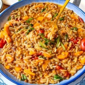 Warm Mediterranean lentil and orzo dinner served in a rustic bowl with a drizzle of olive oil.