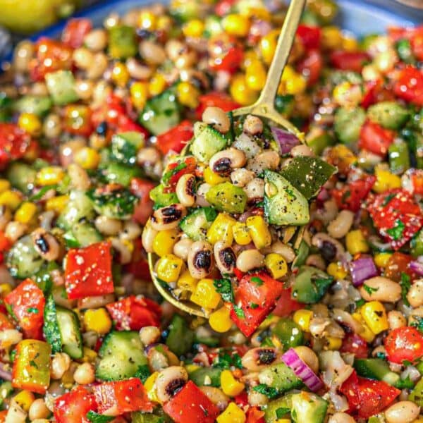 Black eyed pea salad recipe with Mediterranean ingredients fresh colorful and healthy.