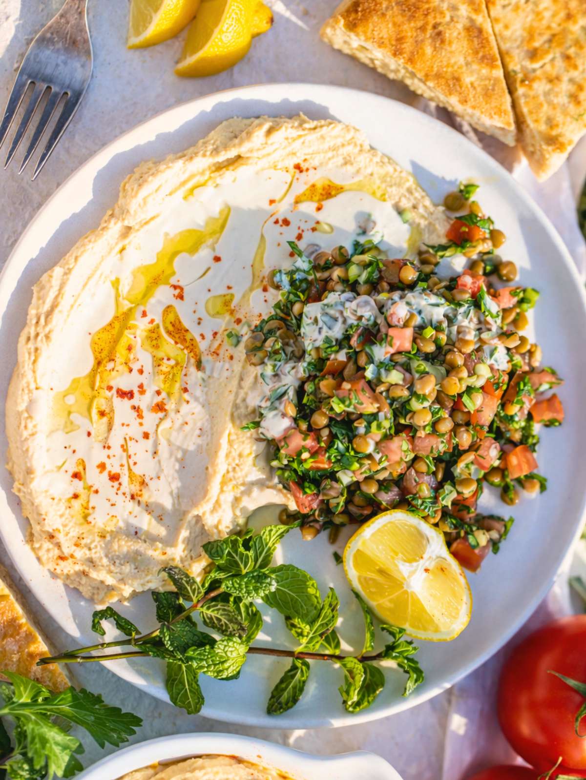 Chopped lentil salad served on a plate with hummus and pita bread for a Mediterranean meal.