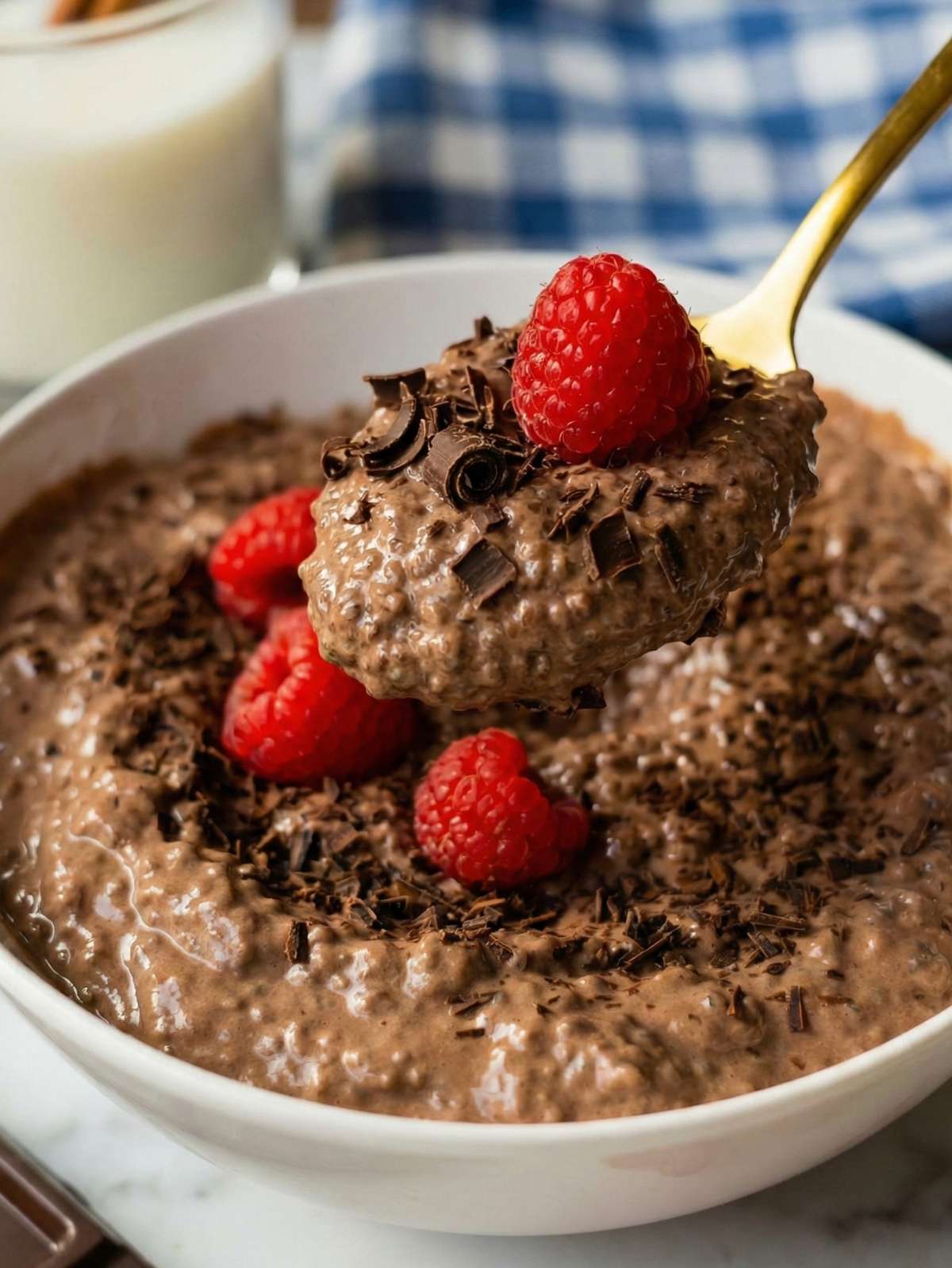 Close up chocolate chia pudding with greek yogurt and honey served in a bowl for breakfast.