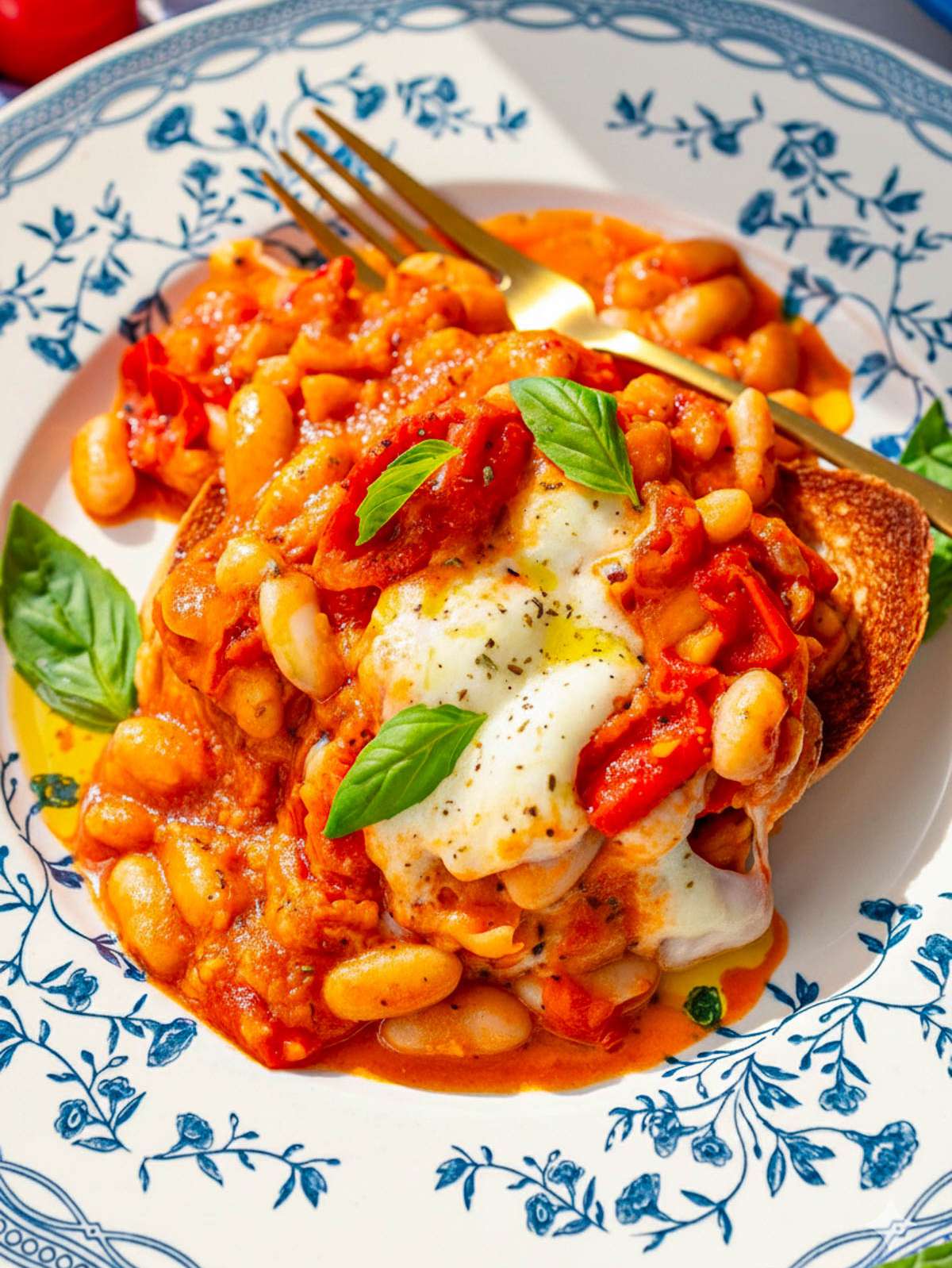 Close up of cheesy pizza beans served on a plate with crusty bread and fresh basil.