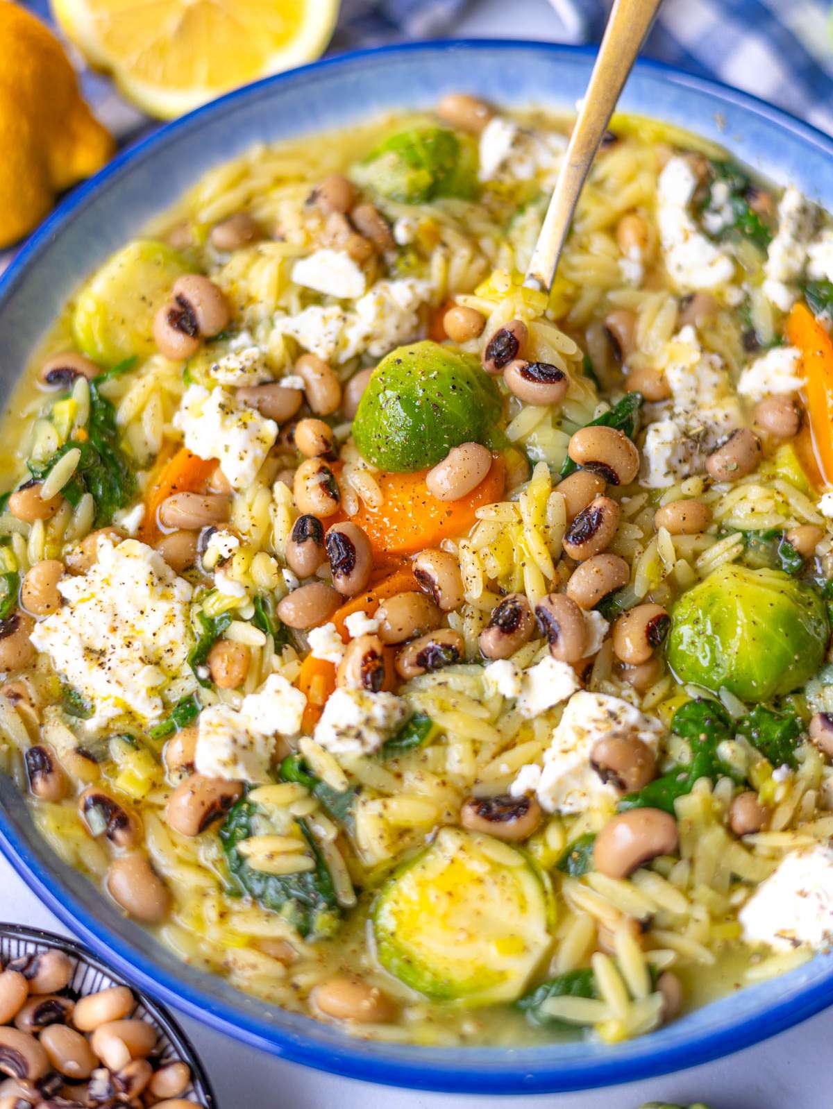 Close up of creamy one pot vegetable orzo with beans lemon and feta.