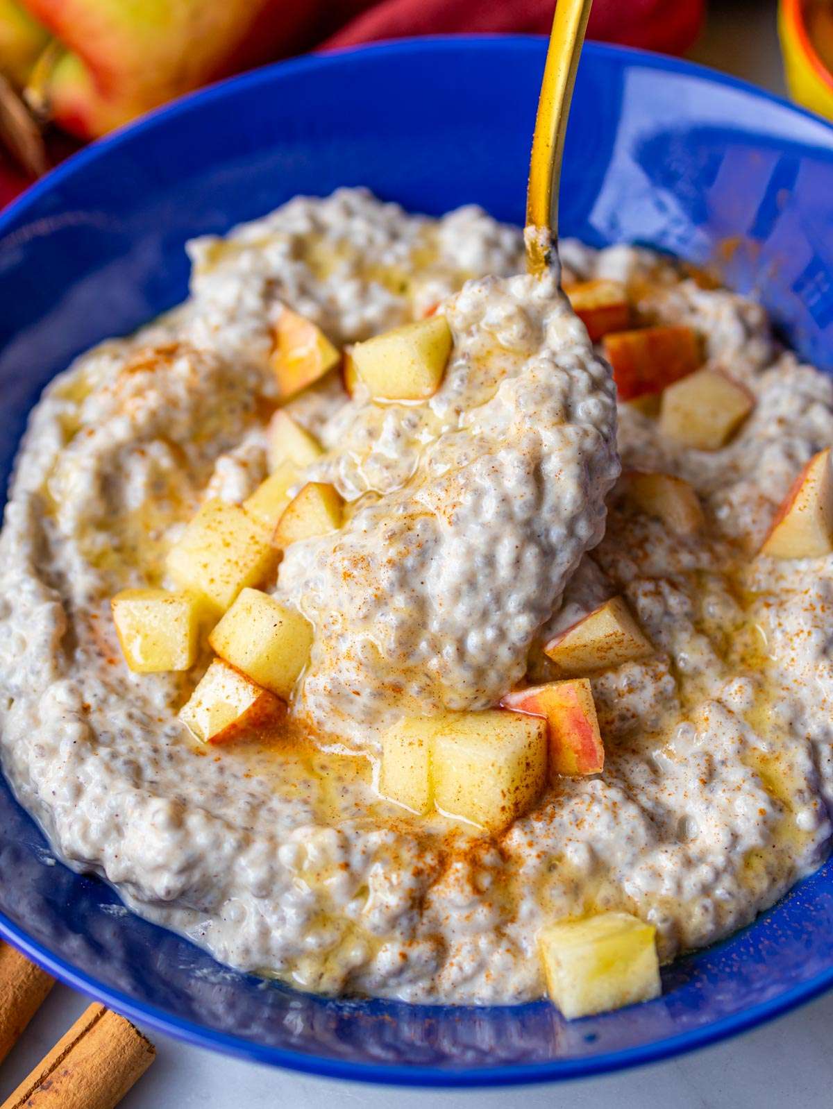 Creamy Overnight Apple Chia Pudding close-up with cinnamon and crunchy diced apple.