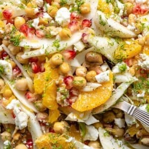 Feature image close up of orange fennel salad with chickpeas feta and vibrant citrus colors.