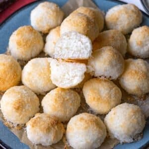 Feature image of coconut macaroons easy 3 ingredient holiday cookies.