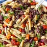 Feature image of easy 3 bean pasta salad with quick bean marinade and fresh parsley.