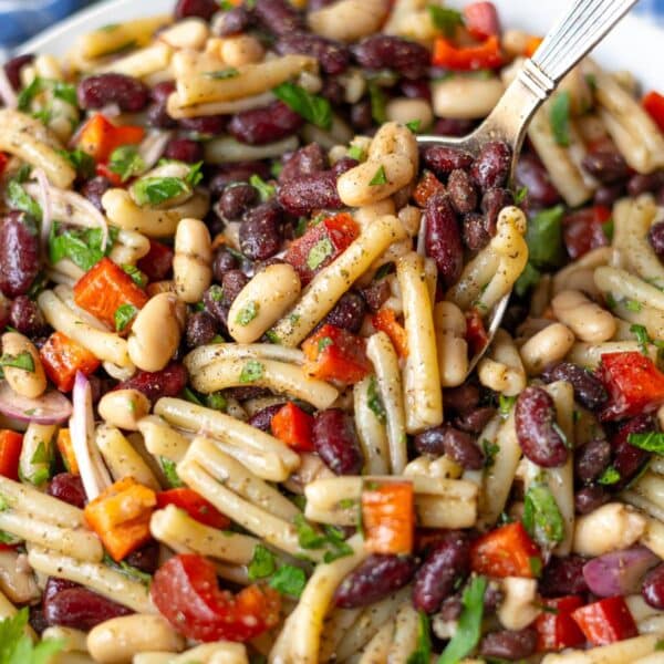Feature image of easy 3 bean pasta salad with quick bean marinade and fresh parsley.