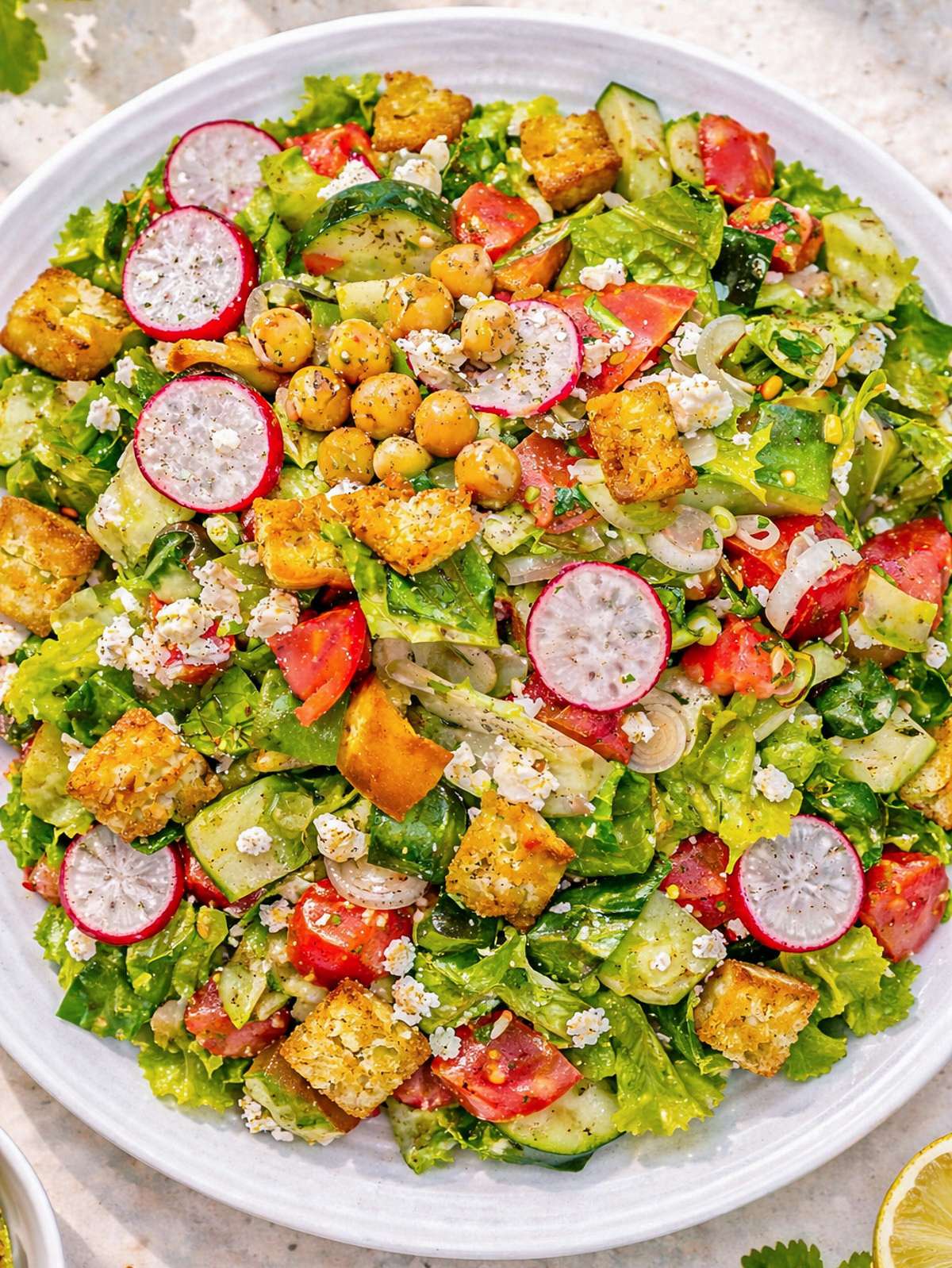 Finished Mediterranean chopped pita salad with feta chickpeas and crunchy pita chips close up.